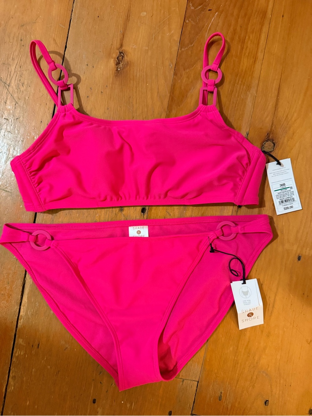 Shade & Shore Girls' Bright Pink Two-Piece Swim Bikini with Ring Details